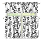 Black And White Tulip Pattern Print 3 Piece Kitchen Curtains