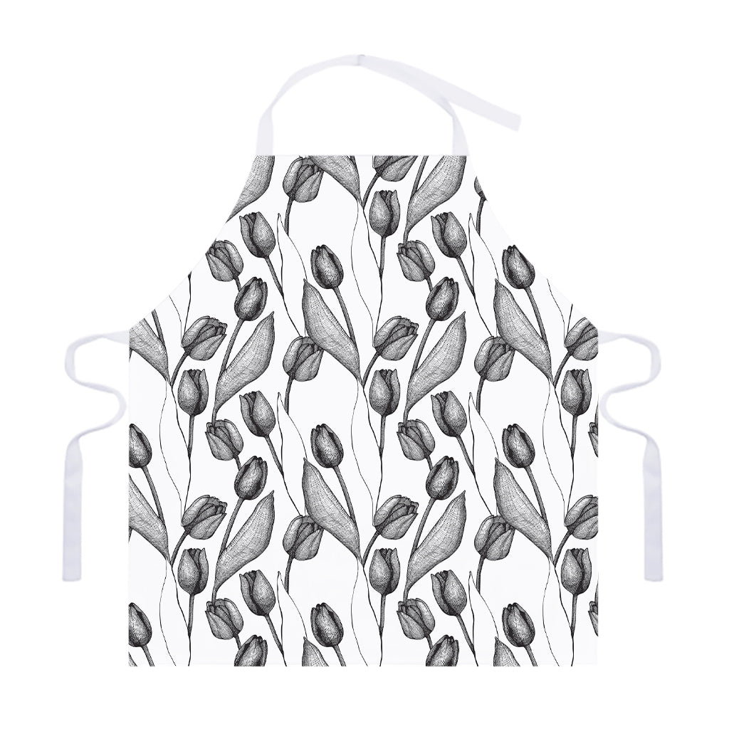 Black And White Tulip Pattern Print Adjustable Apron