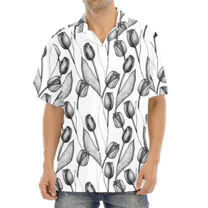 Black And White Tulip Pattern Print Aloha Shirt