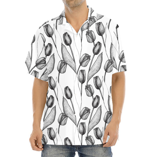 Black And White Tulip Pattern Print Aloha Shirt