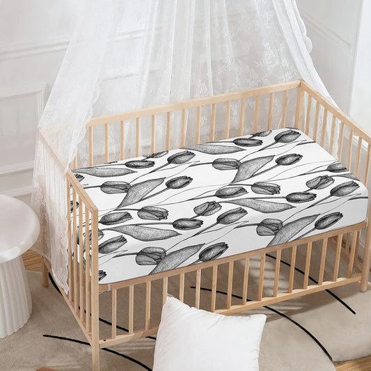 Black And White Tulip Pattern Print Baby Crib Sheet