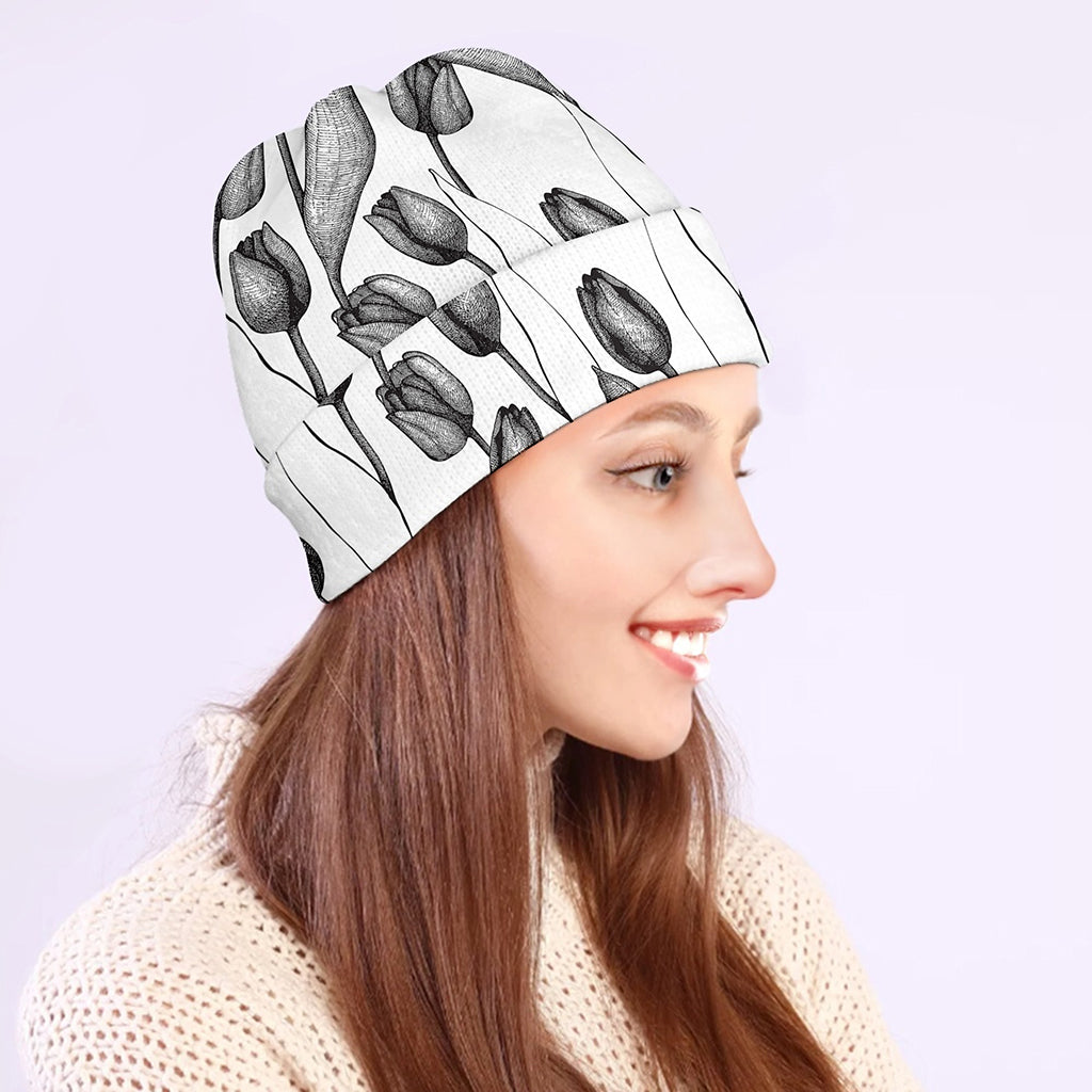 Black And White Tulip Pattern Print Beanie