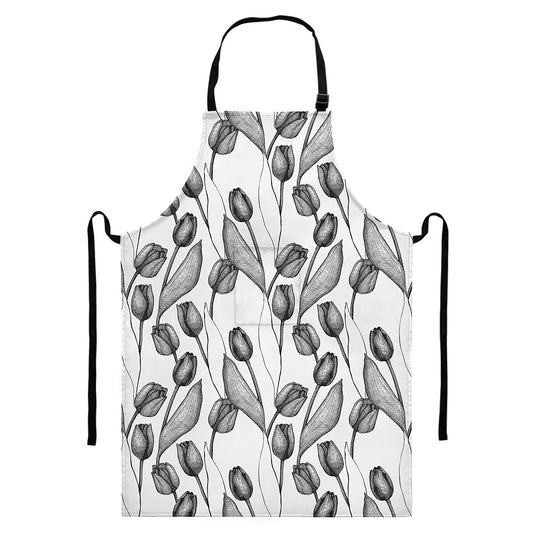 Black And White Tulip Pattern Print Bib Apron With Pocket