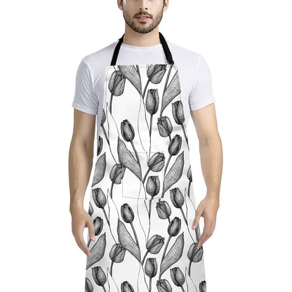Black And White Tulip Pattern Print Bib Apron With Pocket