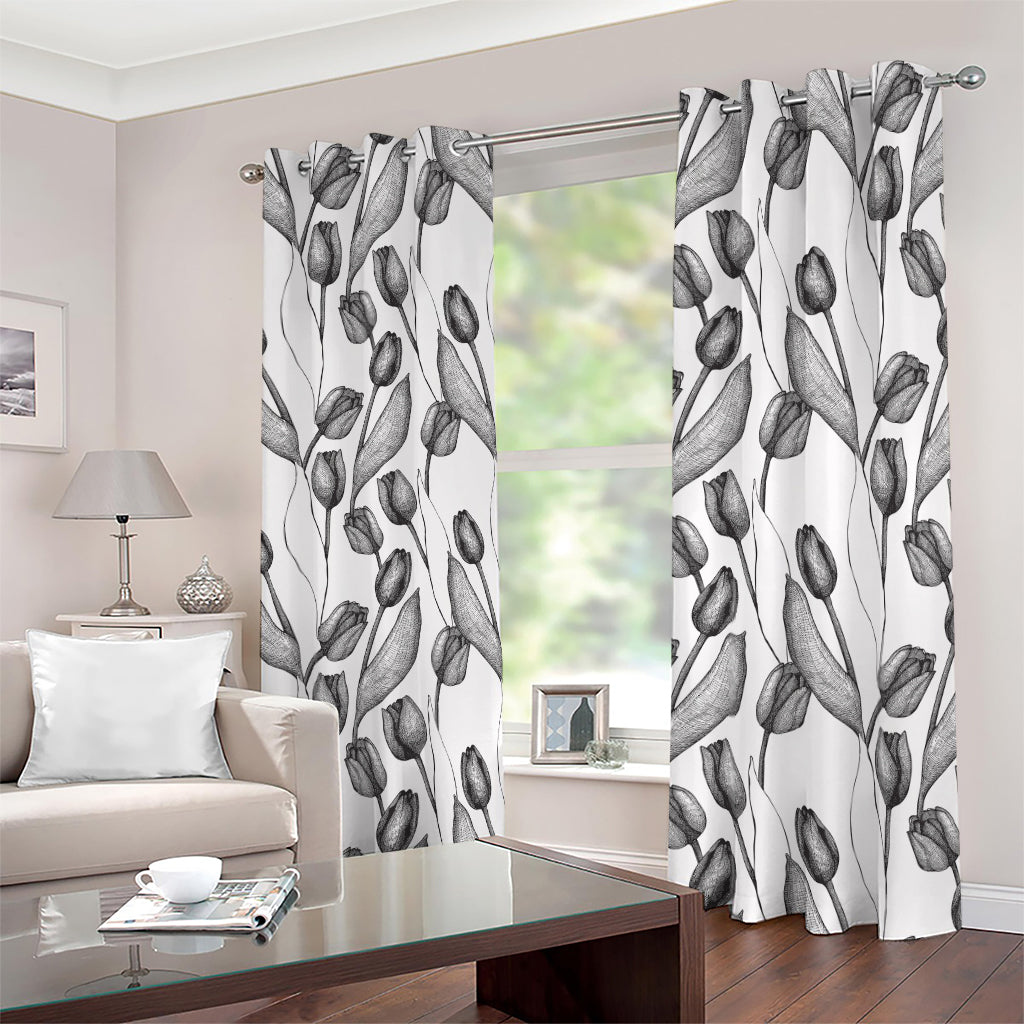 Black And White Tulip Pattern Print Blackout Grommet Curtains