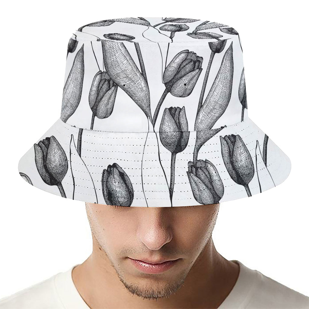 Black And White Tulip Pattern Print Bucket Hat