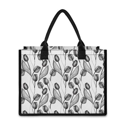 Black And White Tulip Pattern Print Canvas Tote Bag