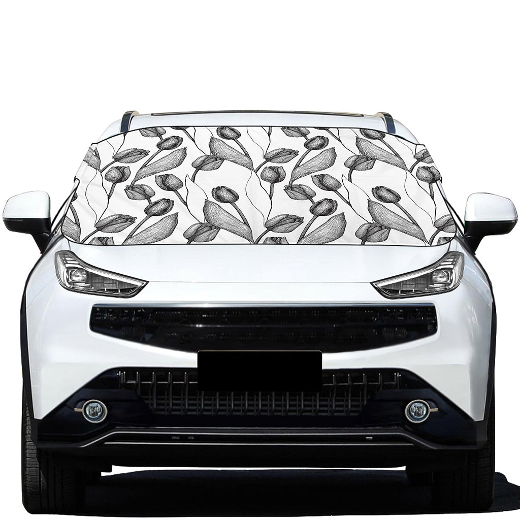 Black And White Tulip Pattern Print Car Windshield Snow Cover