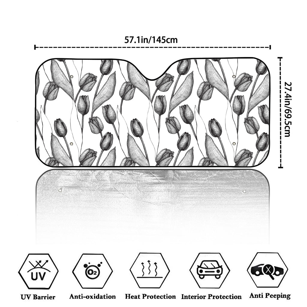 Black And White Tulip Pattern Print Car Windshield Sun Shade