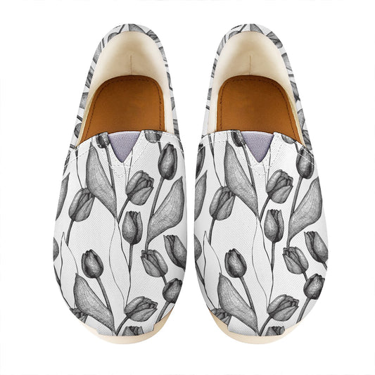 Black And White Tulip Pattern Print Casual Shoes