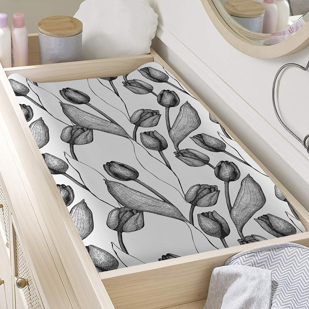 Black And White Tulip Pattern Print Changing Pad Cover