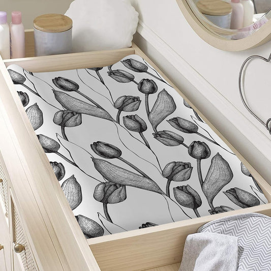 Black And White Tulip Pattern Print Changing Pad Cover