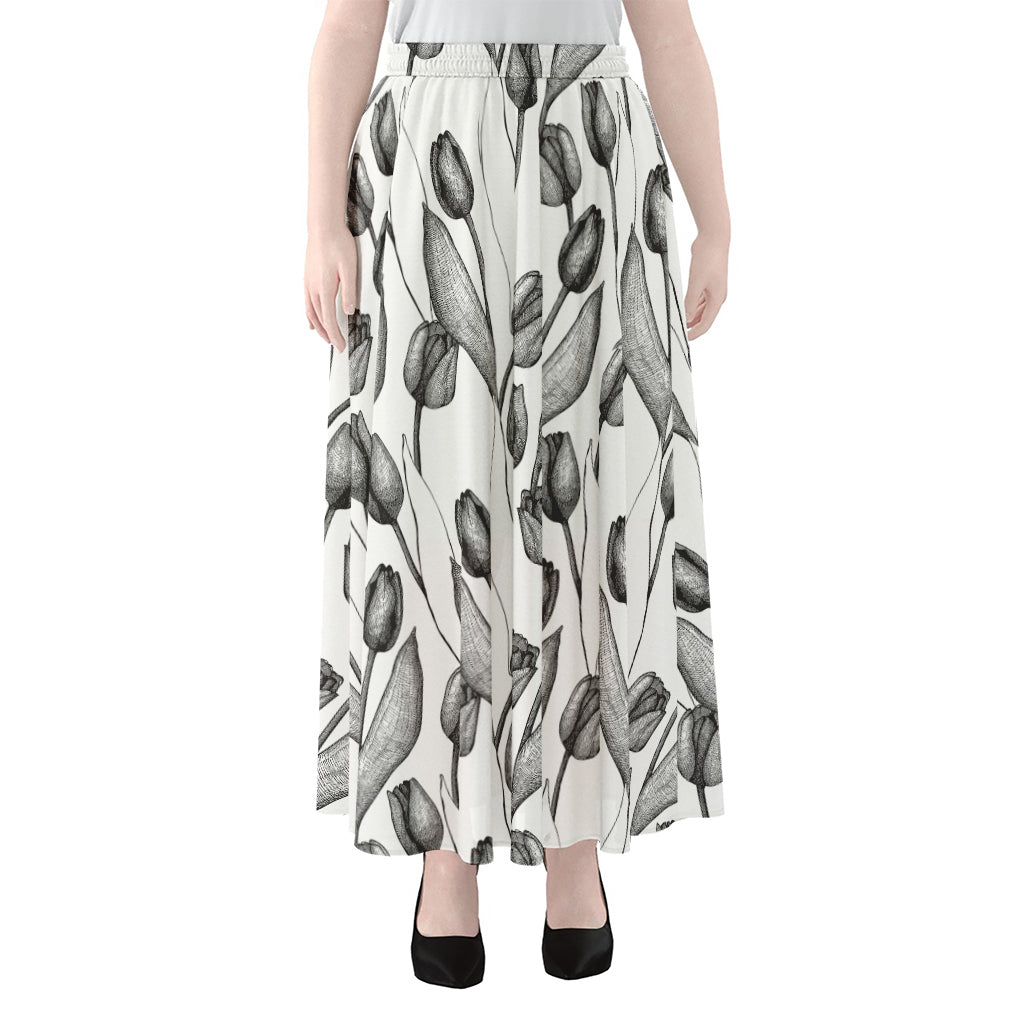 Black And White Tulip Pattern Print Chiffon Maxi Skirt