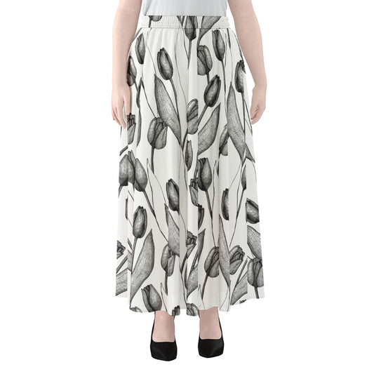 Black And White Tulip Pattern Print Chiffon Maxi Skirt