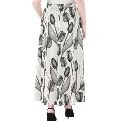 Black And White Tulip Pattern Print Chiffon Maxi Skirt