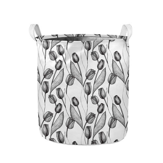 Black And White Tulip Pattern Print Collapsible Laundry Basket