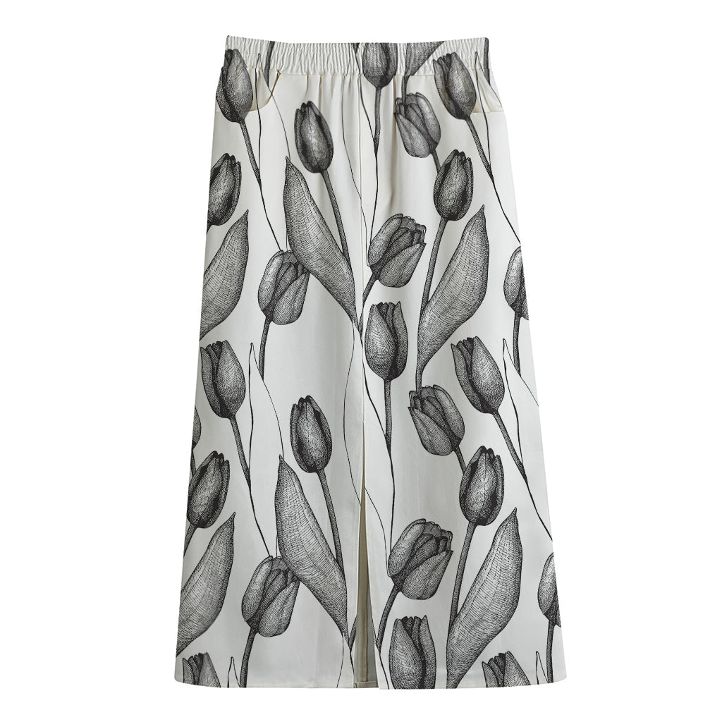 Black And White Tulip Pattern Print Cotton Front Slit Maxi Skirt