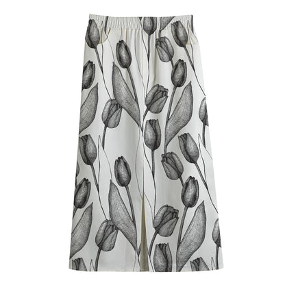 Black And White Tulip Pattern Print Cotton Front Slit Maxi Skirt