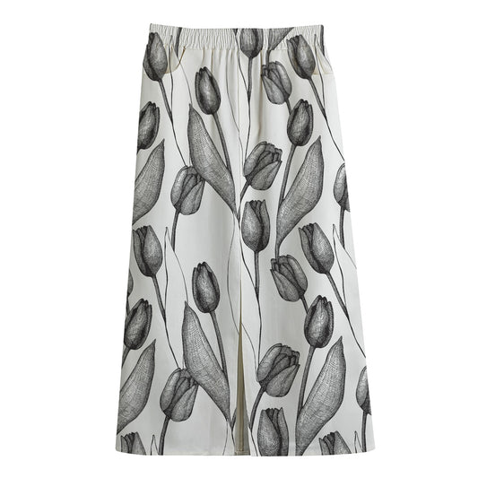 Black And White Tulip Pattern Print Cotton Front Slit Maxi Skirt