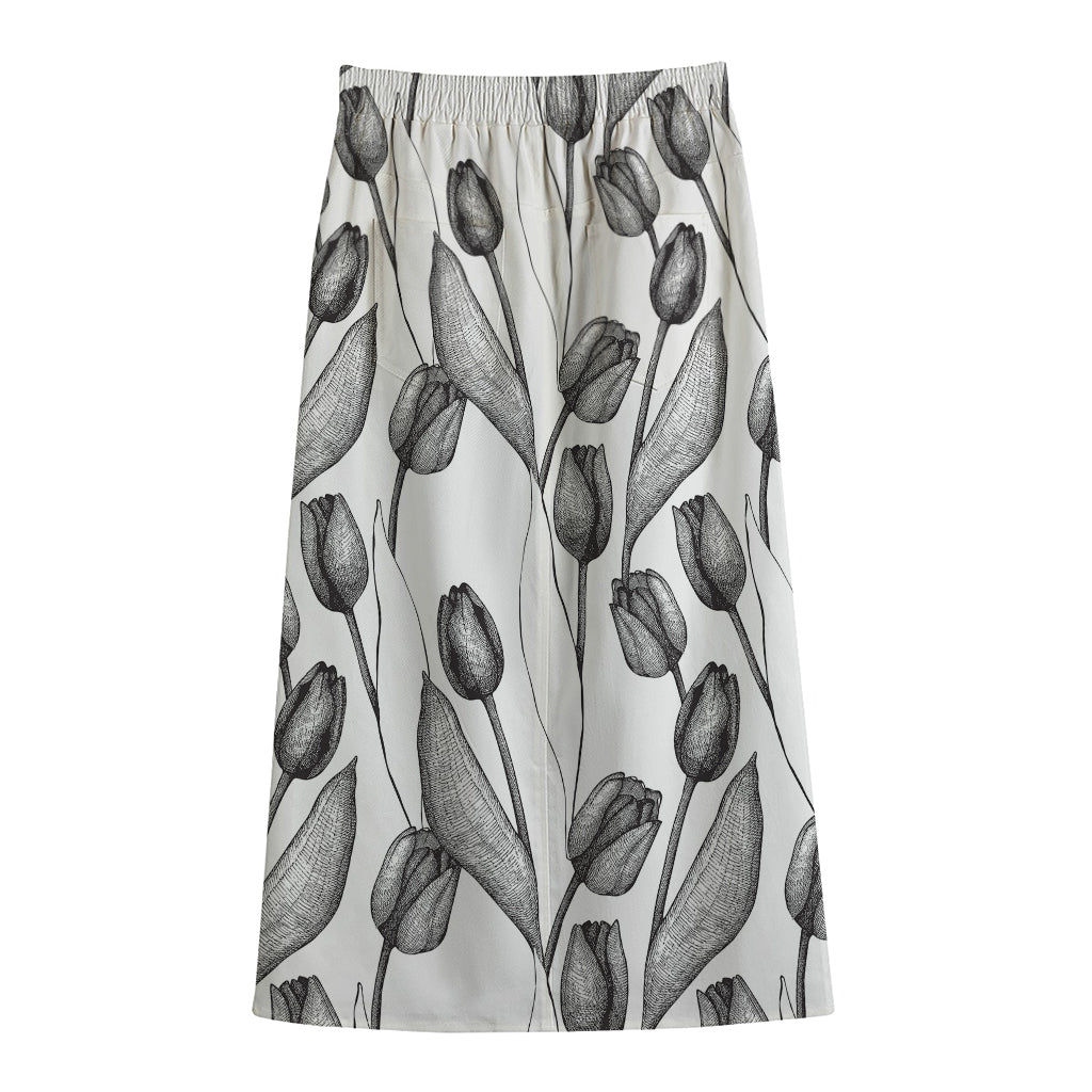 Black And White Tulip Pattern Print Cotton Front Slit Maxi Skirt