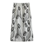 Black And White Tulip Pattern Print Cotton Front Slit Maxi Skirt