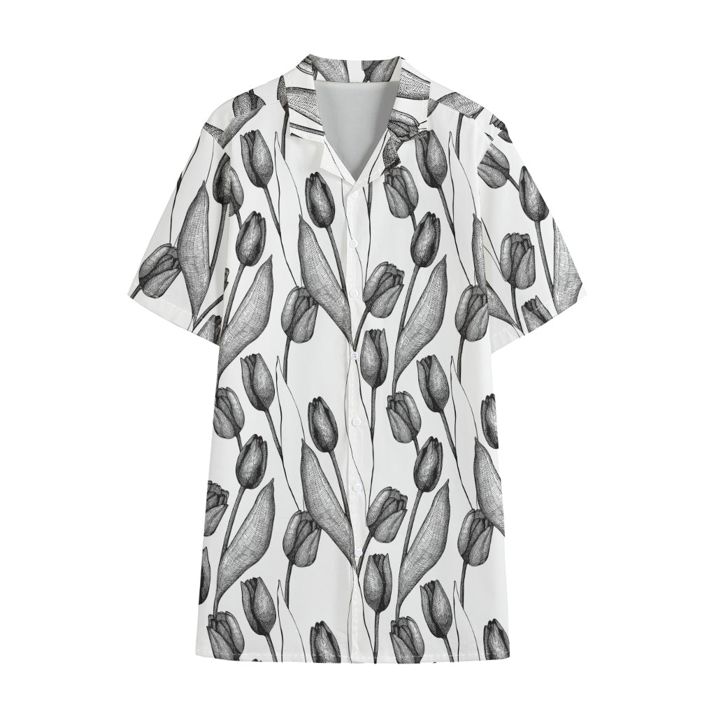 Black And White Tulip Pattern Print Cotton Hawaiian Shirt
