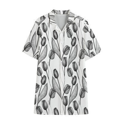 Black And White Tulip Pattern Print Cotton Hawaiian Shirt