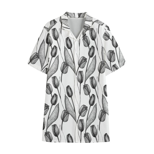 Black And White Tulip Pattern Print Cotton Hawaiian Shirt