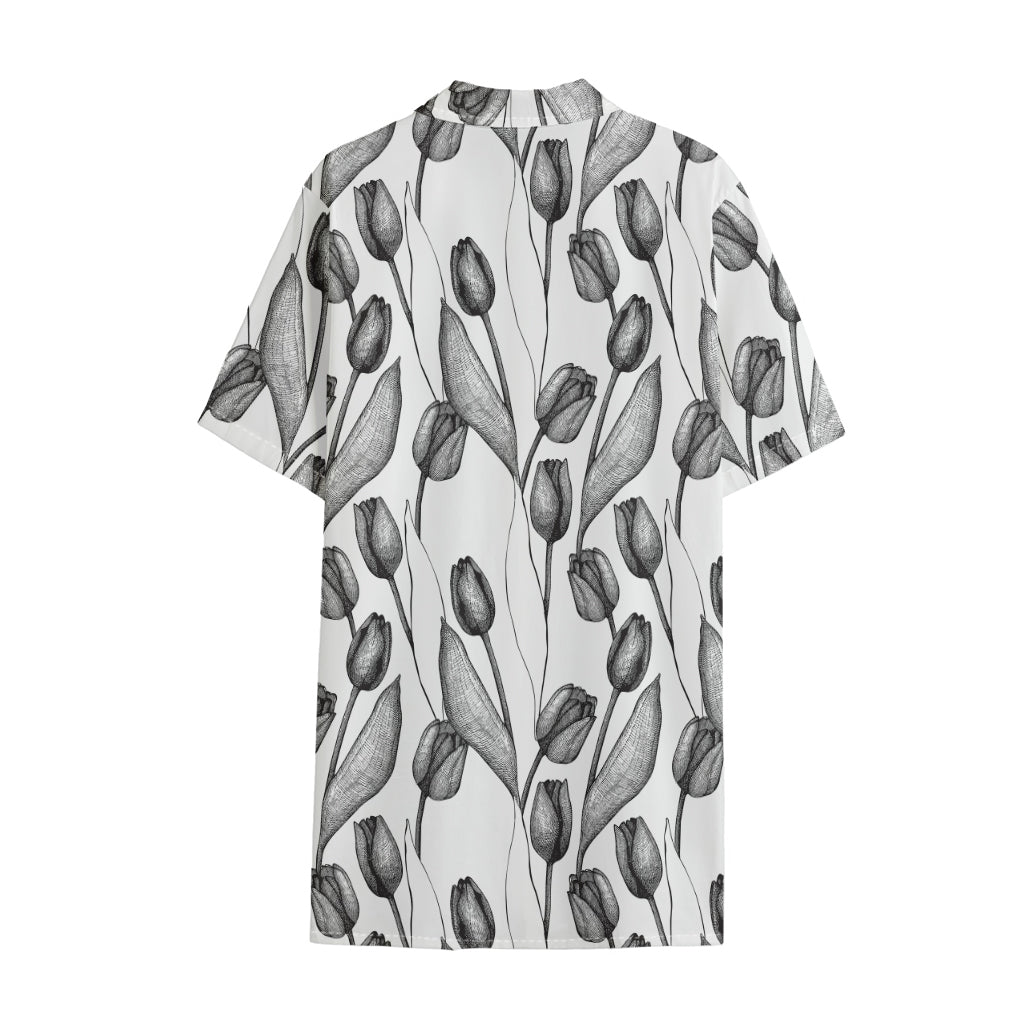 Black And White Tulip Pattern Print Cotton Hawaiian Shirt