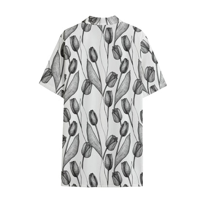 Black And White Tulip Pattern Print Cotton Hawaiian Shirt