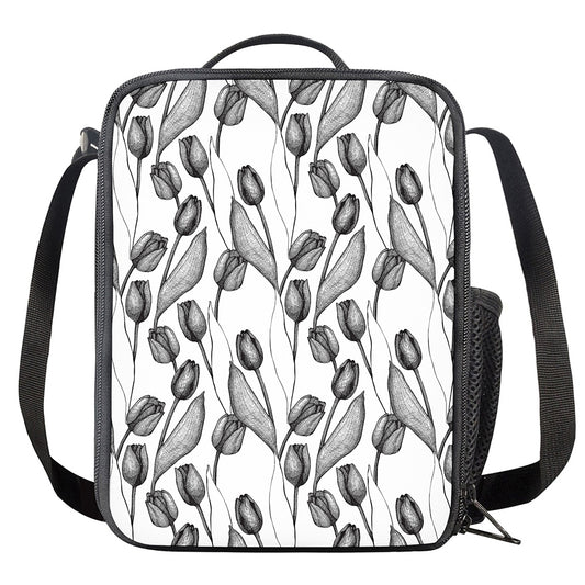 Black And White Tulip Pattern Print Crossbody Lunch Bag