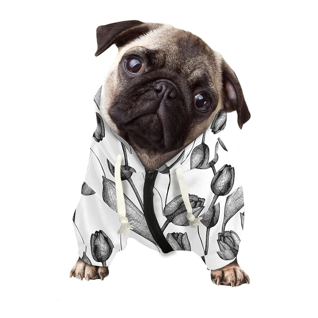 Black And White Tulip Pattern Print Dog Zip Up Hoodie