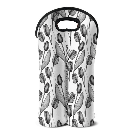 Black And White Tulip Pattern Print Double Neoprene Wine Tote