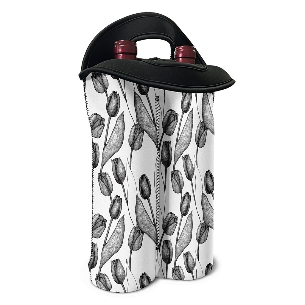 Black And White Tulip Pattern Print Double Neoprene Wine Tote