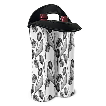 Black And White Tulip Pattern Print Double Neoprene Wine Tote