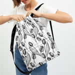 Black And White Tulip Pattern Print Drawstring Backpack