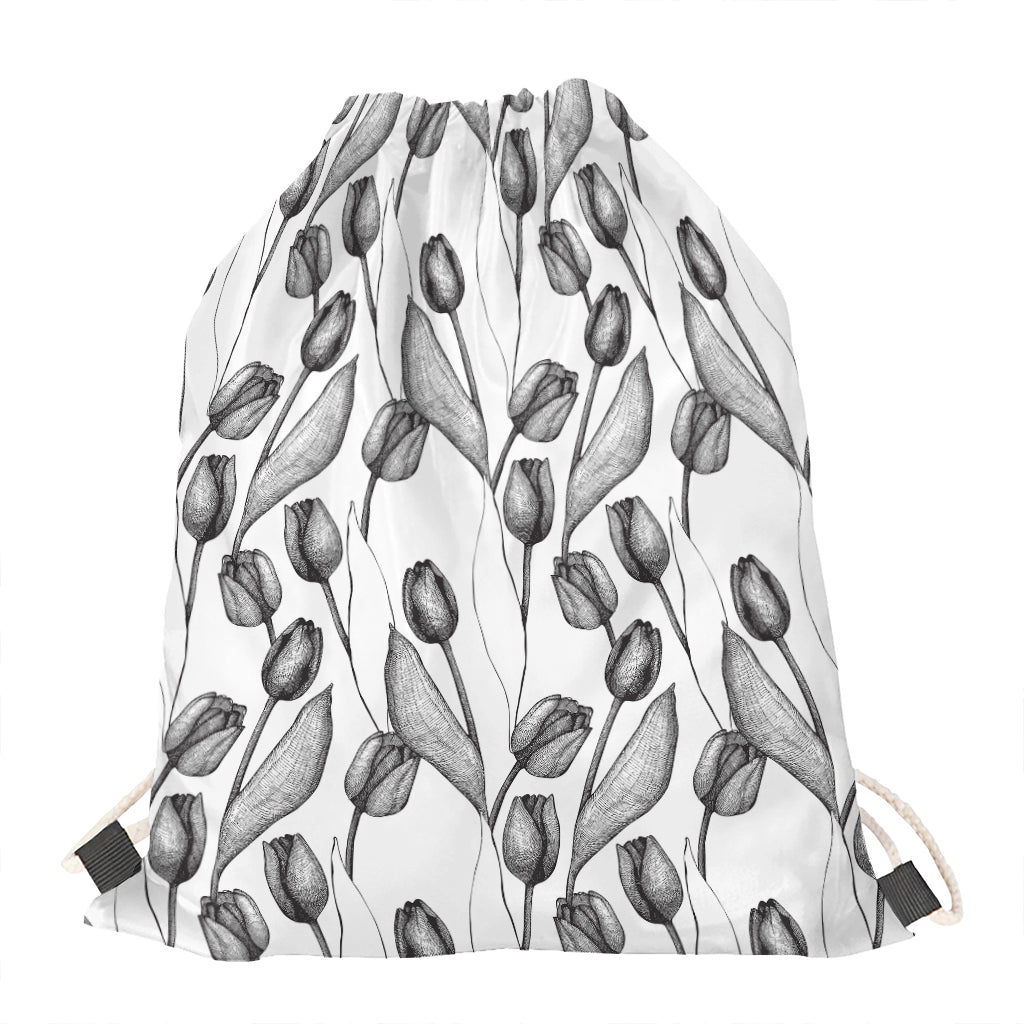 Black And White Tulip Pattern Print Drawstring Bag