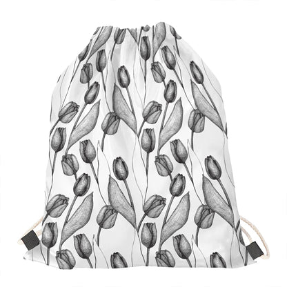 Black And White Tulip Pattern Print Drawstring Bag