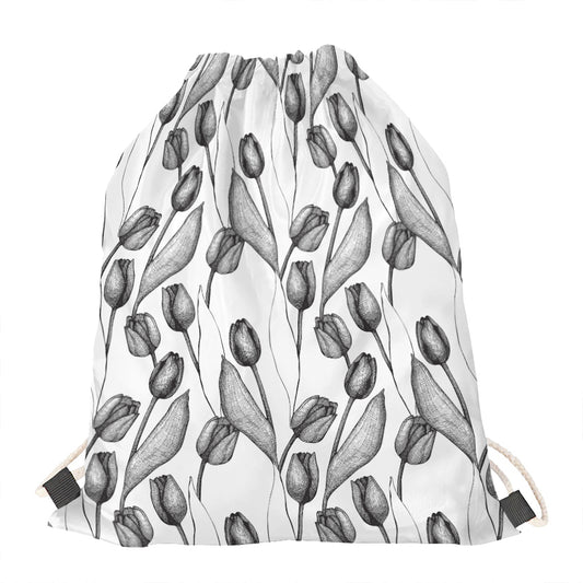 Black And White Tulip Pattern Print Drawstring Bag