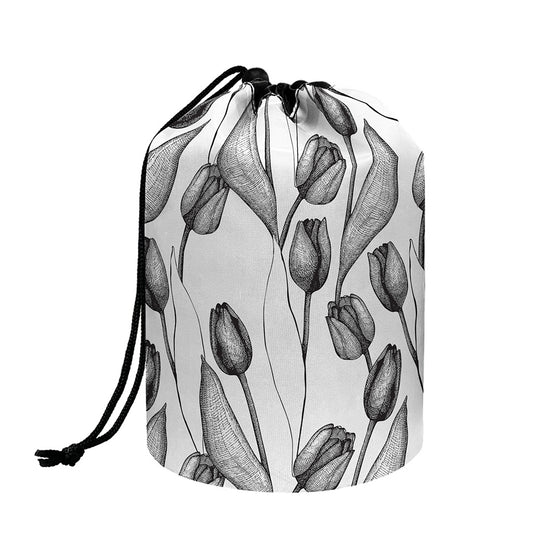 Black And White Tulip Pattern Print Drawstring Makeup Bag