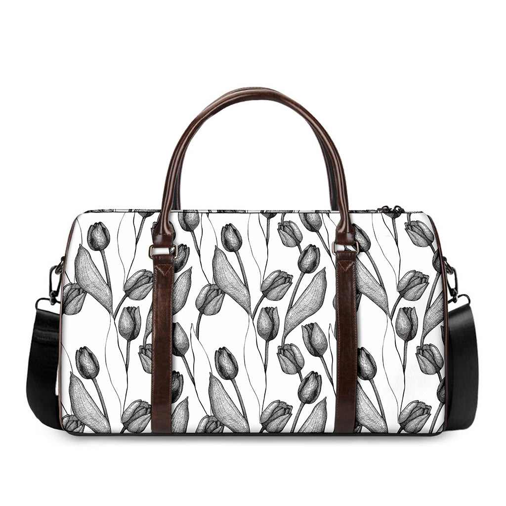 Black And White Tulip Pattern Print Duffle Bag