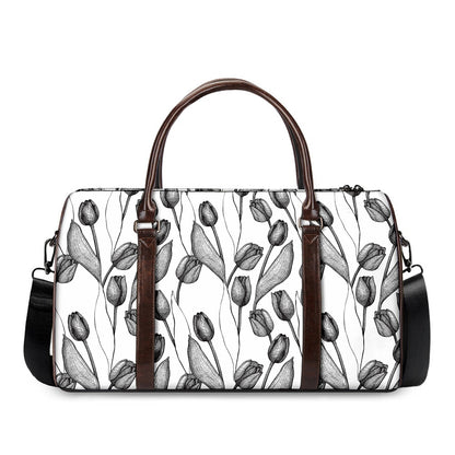 Black And White Tulip Pattern Print Duffle Bag