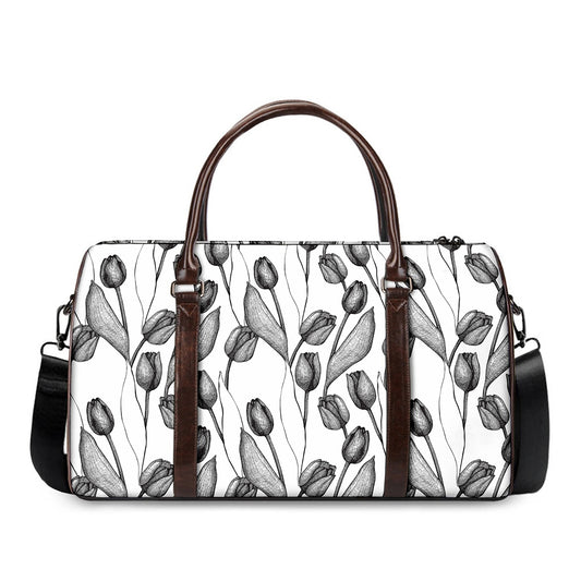 Black And White Tulip Pattern Print Duffle Bag