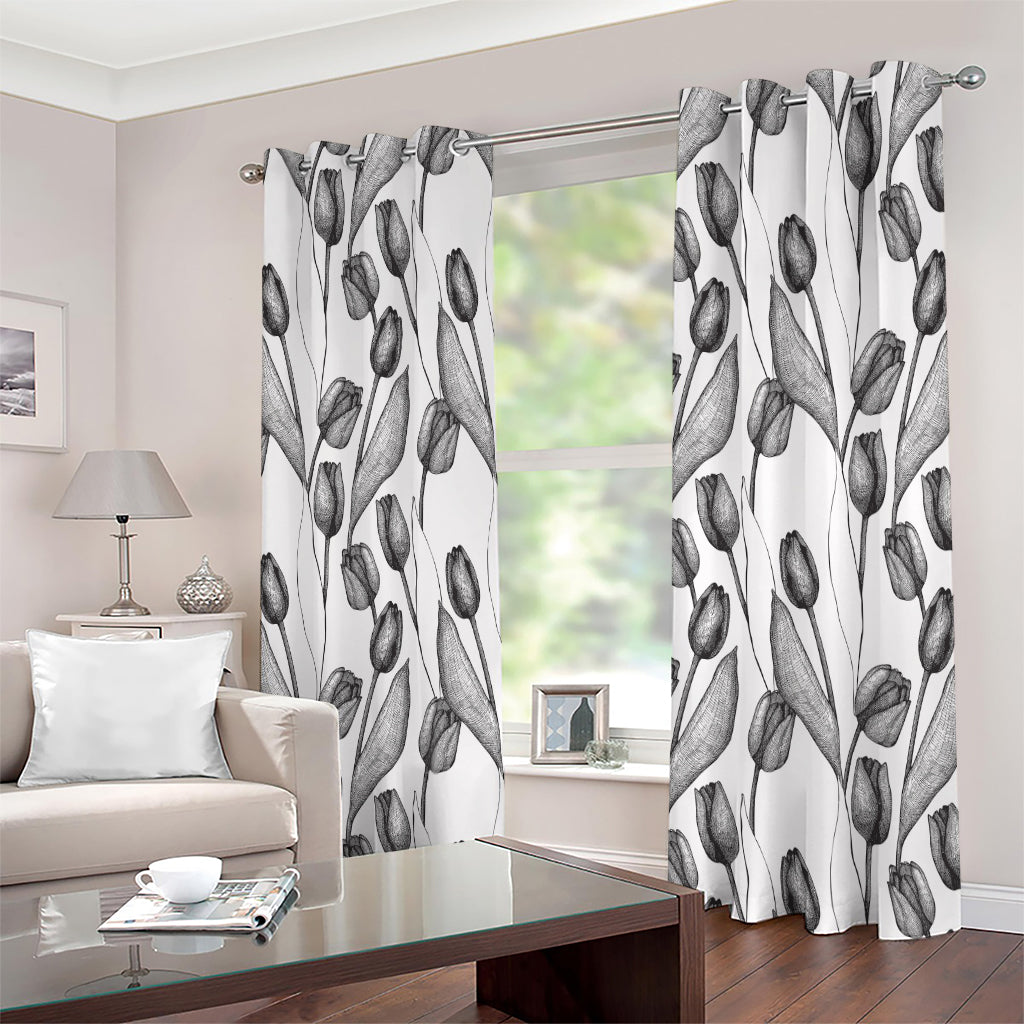 Black And White Tulip Pattern Print Extra Wide Grommet Curtains