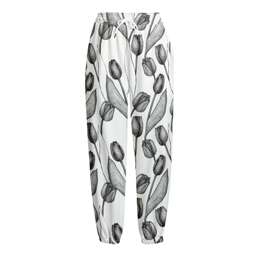 Black And White Tulip Pattern Print Fleece Lined Knit Pants