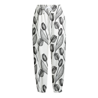 Black And White Tulip Pattern Print Fleece Lined Knit Pants