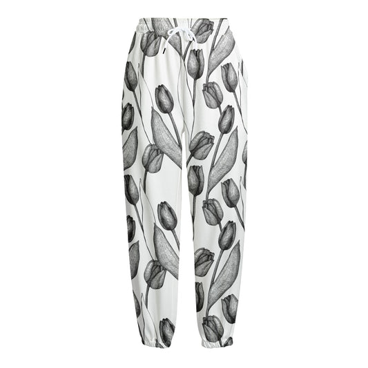 Black And White Tulip Pattern Print Fleece Lined Knit Pants