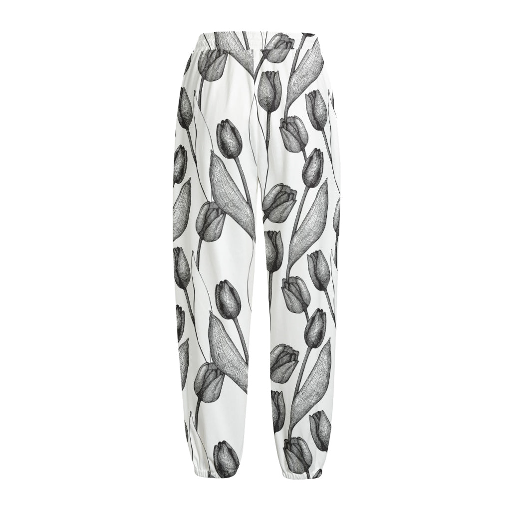 Black And White Tulip Pattern Print Fleece Lined Knit Pants