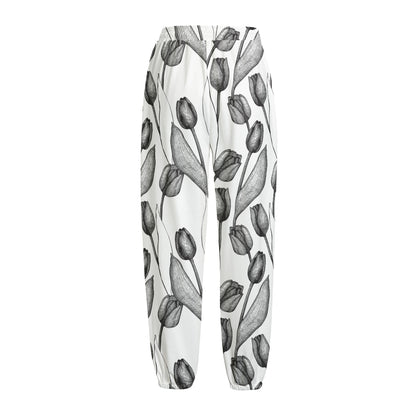 Black And White Tulip Pattern Print Fleece Lined Knit Pants