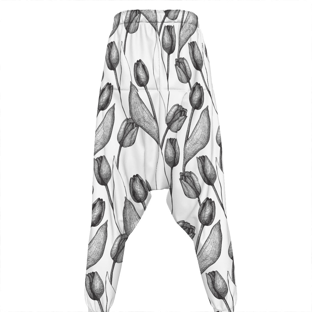 Black And White Tulip Pattern Print Hammer Pants